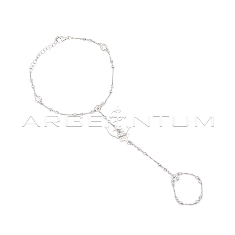 Hand-kissed bracelet with alternating ball mesh with small onion points of light and central zircon pavé star, 925 white gold pl