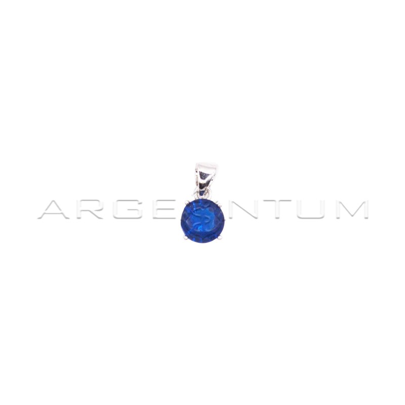 Ciondolo punto luce con zircone tondo blu da 6 mm a 4 griffe placcato oro bianco in argento 925