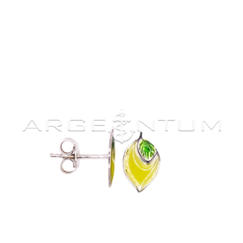 Green and yellow enamelled lemon lobe earrings with white gold plated snap attachment in 925 silver