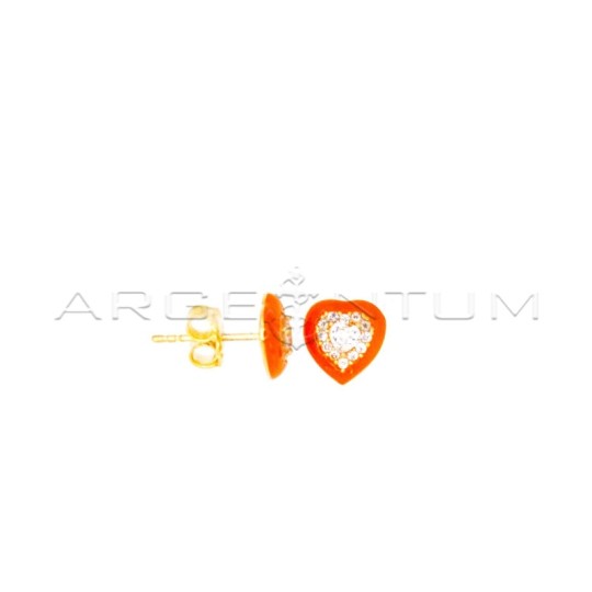 Orecchini a lobo cuore di zirconi bianchi in corniche smaltata arancione placcati oro giallo in argento 925