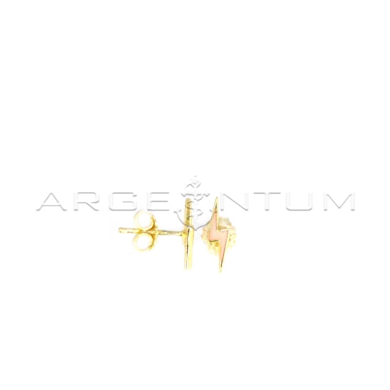 Pink enamel lightning bolt earrings with yellow gold plated snap attachment in 925 silver