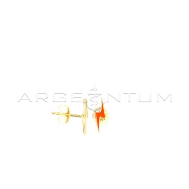 Orange enamel lightning bolt earrings with yellow gold plated snap attachment in 925 silver