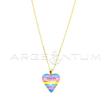 Forced link necklace with multicolor enameled convex heart pendant with horizontal lines yellow gold plated in 925 silver