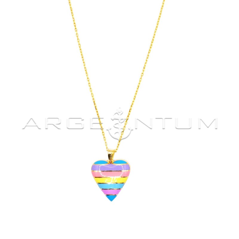 Forced link necklace with multicolor enameled convex heart pendant with horizontal lines yellow gold plated in 925 silver