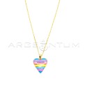 Forced link necklace with multicolor enameled convex heart pendant with horizontal lines yellow gold plated in 925 silver