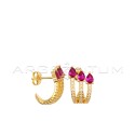 Simicircle stud earrings with three white zirconia strands with fuchsia zircon drops and yellow gold plated snap attachment in 9