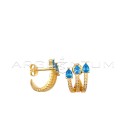 Simicircle stud earrings with three white zirconia strands with blue zircon drops and yellow gold plated snap attachment in 925 