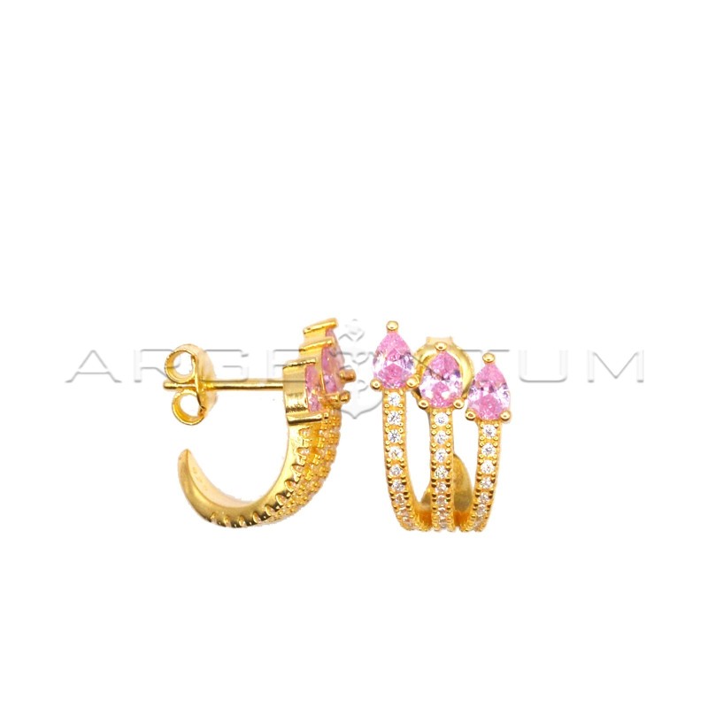 White zircon three-strand simicircle stud earrings with pink zircon drops and yellow gold-plated snap attachment in 925 silver
