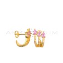 White zircon three-strand simicircle stud earrings with pink zircon drops and yellow gold-plated snap attachment in 925 silver