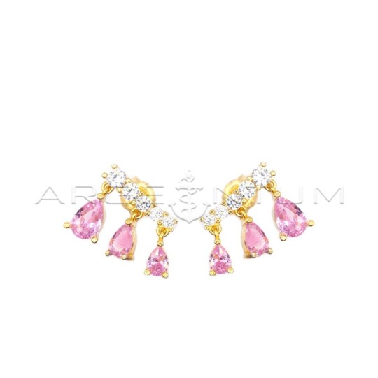 Orecchini a lobo con segmento zirconato bianco e gocce di zirconi rosa pendenti degradè con attacco a pressione placcati oro gia