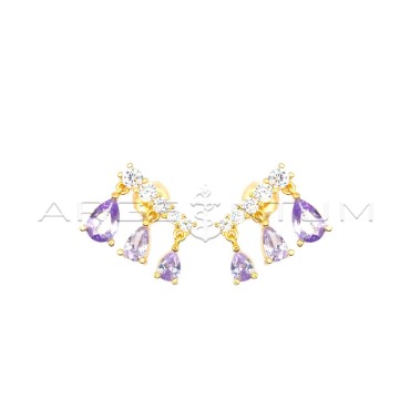 Lobe earrings with white zircon segment and drops of lilac zircon pendants degradè with pressure attachment, yellow gold plated 