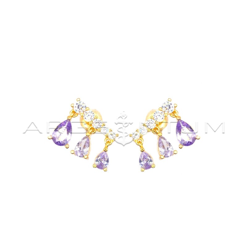 Lobe earrings with white zircon segment and drops of lilac zircon pendants degradè with pressure attachment, yellow gold plated 