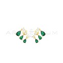 Stud earrings with white zircon segment and drops of green zircon pendants with pressure attachment, yellow gold plated in 925 s