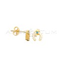 White zircon horseshoe lobe earrings with central stone in turquoise paste, yellow gold plated in 925 silver