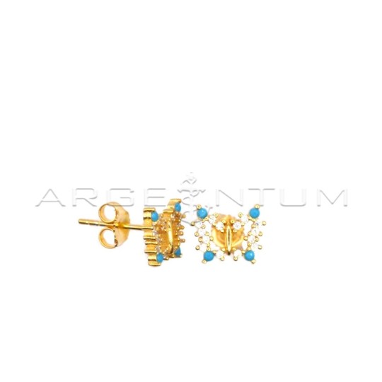 White zircon butterfly stud earrings with turquoise paste stones and yellow gold plated snap attachment in 925 silver