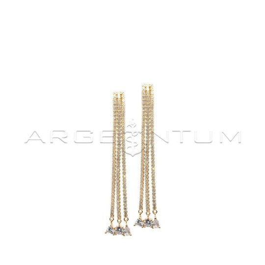 Three strand tennis mesh dangle earrings with white heart, round and drop pendant zircons yellow gold plated 925 sterling silver