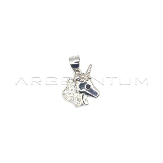 Ciondolo testa di unicorno semizirconato bianco con occhio di zircone nero placcato oro bianco in argento 925