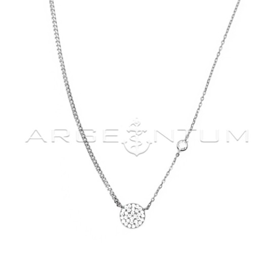 Collana maglia grumettina e forzatina con tondo centrale a pavè di zirconi bianchi e zircone bianco a cipollina laterale placcat