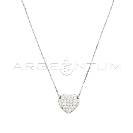 Collana maglia forzatina con cuore centrale a pavè di zirconi bianchi placcata oro bianco in argento 925