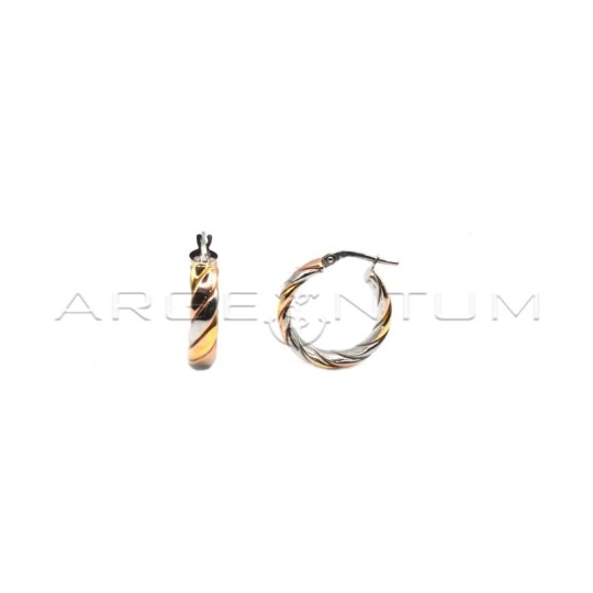 Orecchini a cerchio intreccio piatto con chiusura a ponte placcati oro bianco giallo e rosa in argento 925