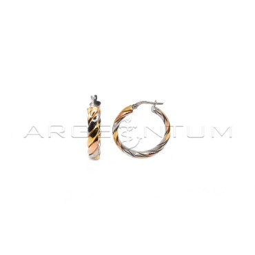 Flat weaving hoop earrings with bridge clasp, yellow and rose gold plated in 925 silver