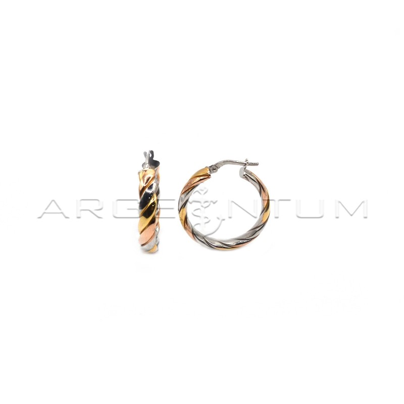 Flat weaving hoop earrings with bridge clasp, yellow and rose gold plated in 925 silver