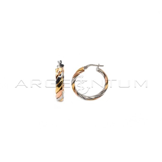 Orecchini a cerchio intreccio piatto con chiusura a ponte placcati oro bianco giallo e rosa in argento 925