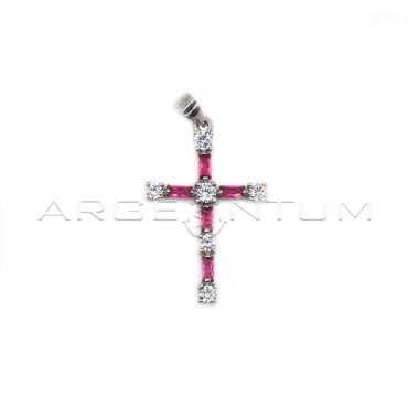 Cross pendant of white round and pink baguette zircons plated white gold in 925 silver