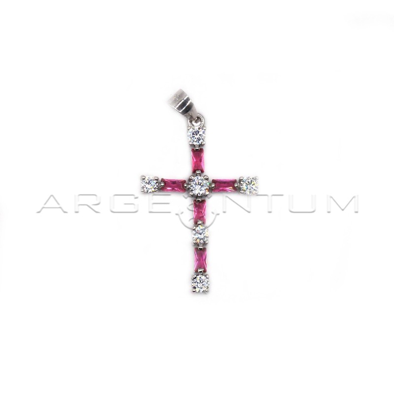 Cross pendant of white round and pink baguette zircons plated white gold in 925 silver