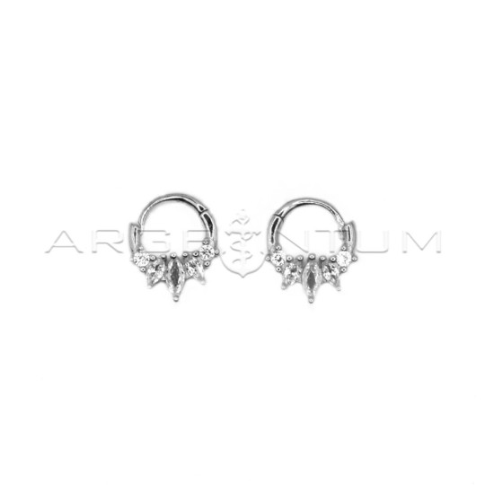 Hoop earrings with snap attachment with spool and round zircons white gold plated in 925 silver