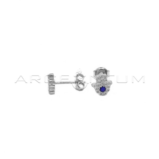 Orecchini a lobo con attacco a pressione mano di Fatima zirconata bianca con punto luce blu placcati oro bianco in argento 925