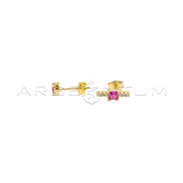 925 Silver Yellow Gold Plated White Cubic Zirconia Stick Stud Earring with Pink Square Center Cubic Zirconia