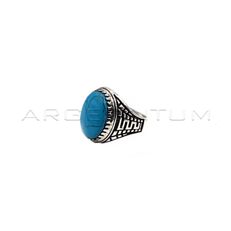 Adjustable men's ring with central turquoise stone and worked white gold plated stem in 925 silver