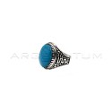 Adjustable men's ring with central turquoise stone and worked white gold plated stem in 925 silver