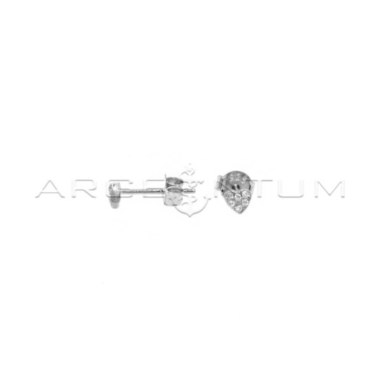Pave heart lobe earrings with white zircons, white gold plated in 925 silver