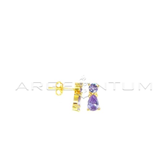 Pendant earrings with light point pressure connection and drop of lilac zircons yellow gold plated in 925 silver