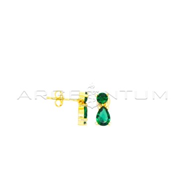 Dangle earrings with light point pressure connection and drop of green zircons yellow gold plated in 925 silver