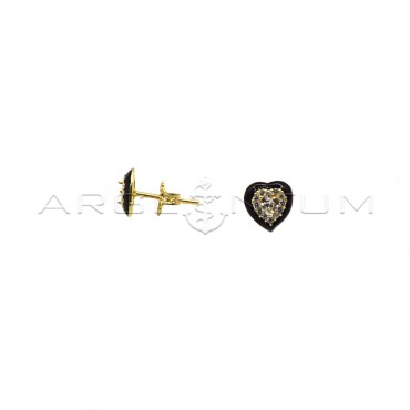 Heart stud earrings with white zircons in yellow gold plated black enamelled frames in 925 silver