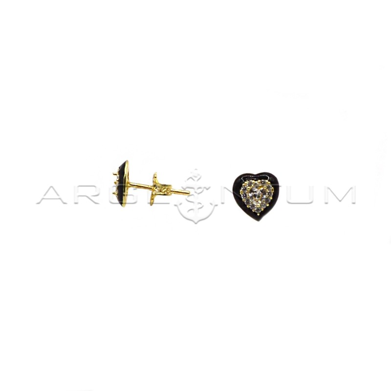 Heart stud earrings with white zircons in yellow gold plated black enamelled frames in 925 silver
