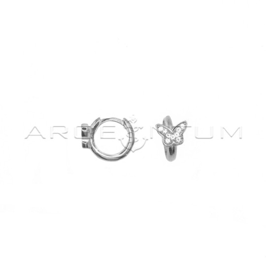 Orecchini a cerchio con chiusura a scattino con farfalla zirconata placcato oro bianco in argento 925