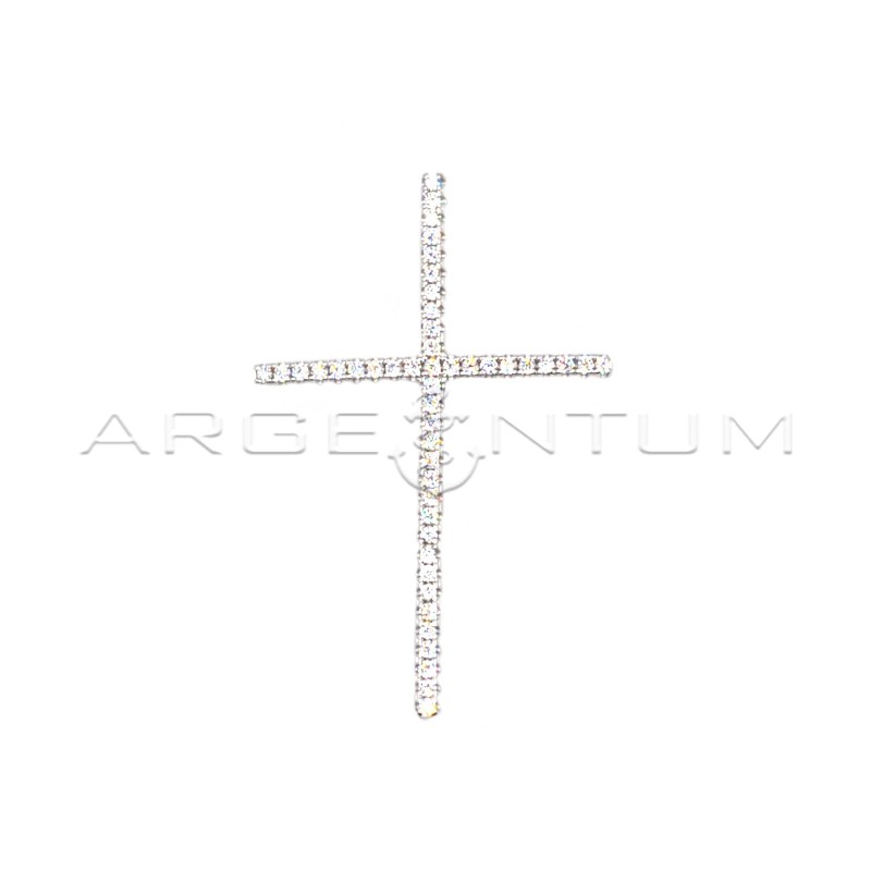 White zircon cross pendant with white gold plated loop in 925 silver