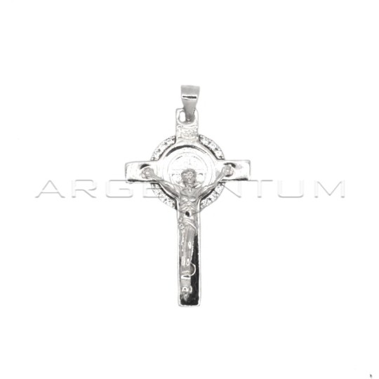 Ciondolo croce con cristo miscrofuso e tondo semi zirconato bianco e inciso placcato oro bianco in argento 925