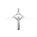 Cross pendant with miscrofused Christ and semi-zirconed round white and engraved white gold plated in 925 silver