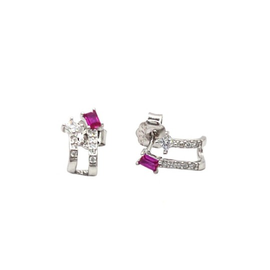 Half circle stud earrings with double white zircon wire and red baguette white gold plated in 925 silver