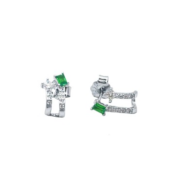 Half circle stud earrings double white zircon wire with green baguette white gold plated in 925 silver