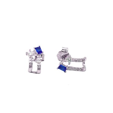 Half circle stud earrings double white zircon wire with blue baguette white gold plated in 925 silver