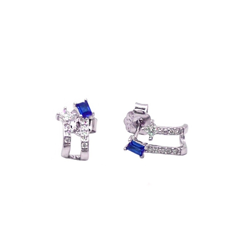 Half circle stud earrings double white zircon wire with blue baguette white gold plated in 925 silver