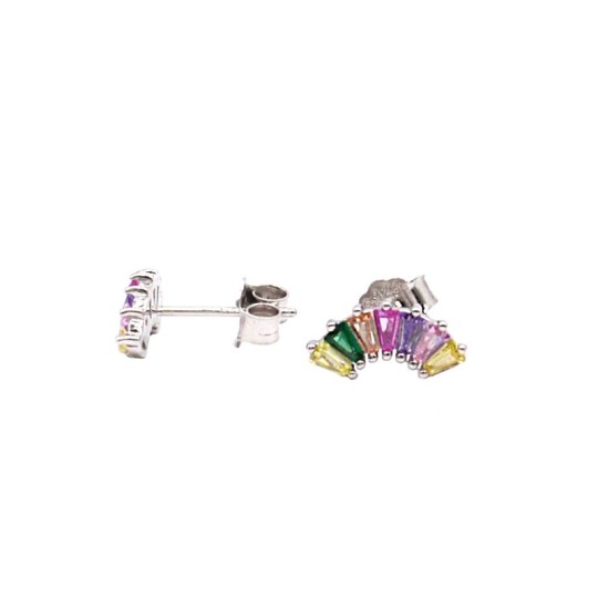 White gold plated multicolor baguette spool crown lobe earrings in 925 silver