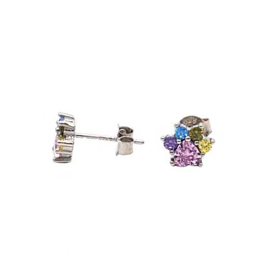 White gold plated multicolor zircon paw lobe earrings in 925 silver