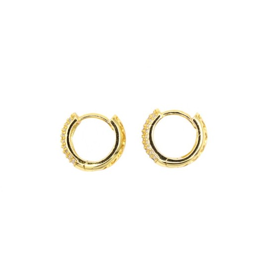 Hoop earrings with domed white semi zircon snap closure with pierced back yellow gold plated in 925 silver